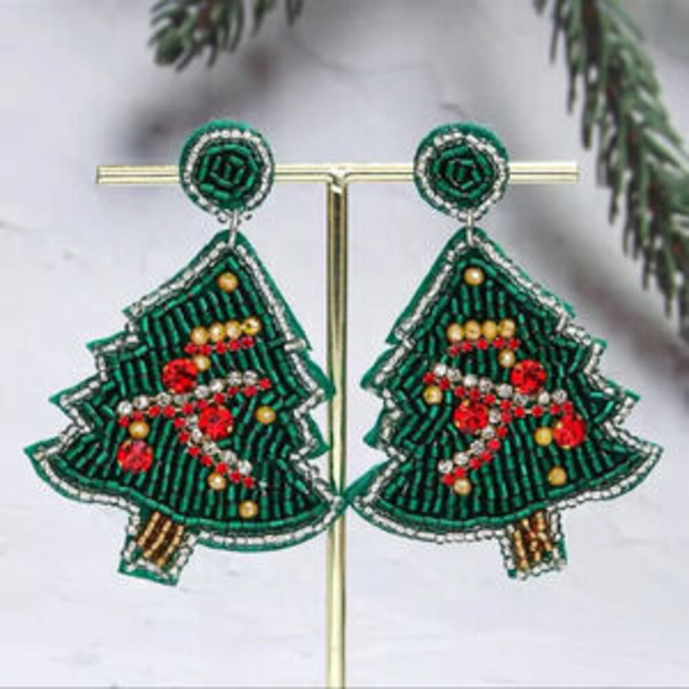 Christmas Tree Green Beaded Earrings